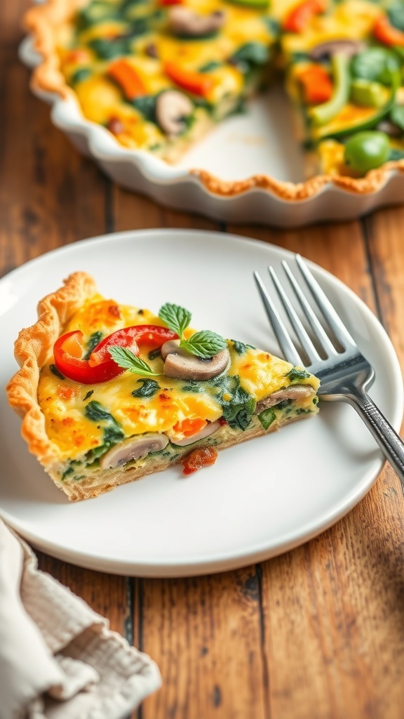 A slice of dairy-free vegetable quiche with spinach, bell peppers, and mushrooms on a plate with herbs.